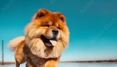 chow chow dog is jumping or running isolated on blue cyan background photo