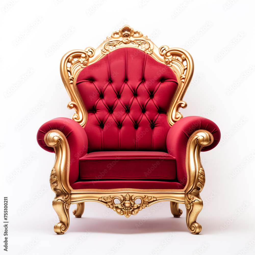 Red and gold luxury armchair, white background, professional photo сreated with Generative Ai