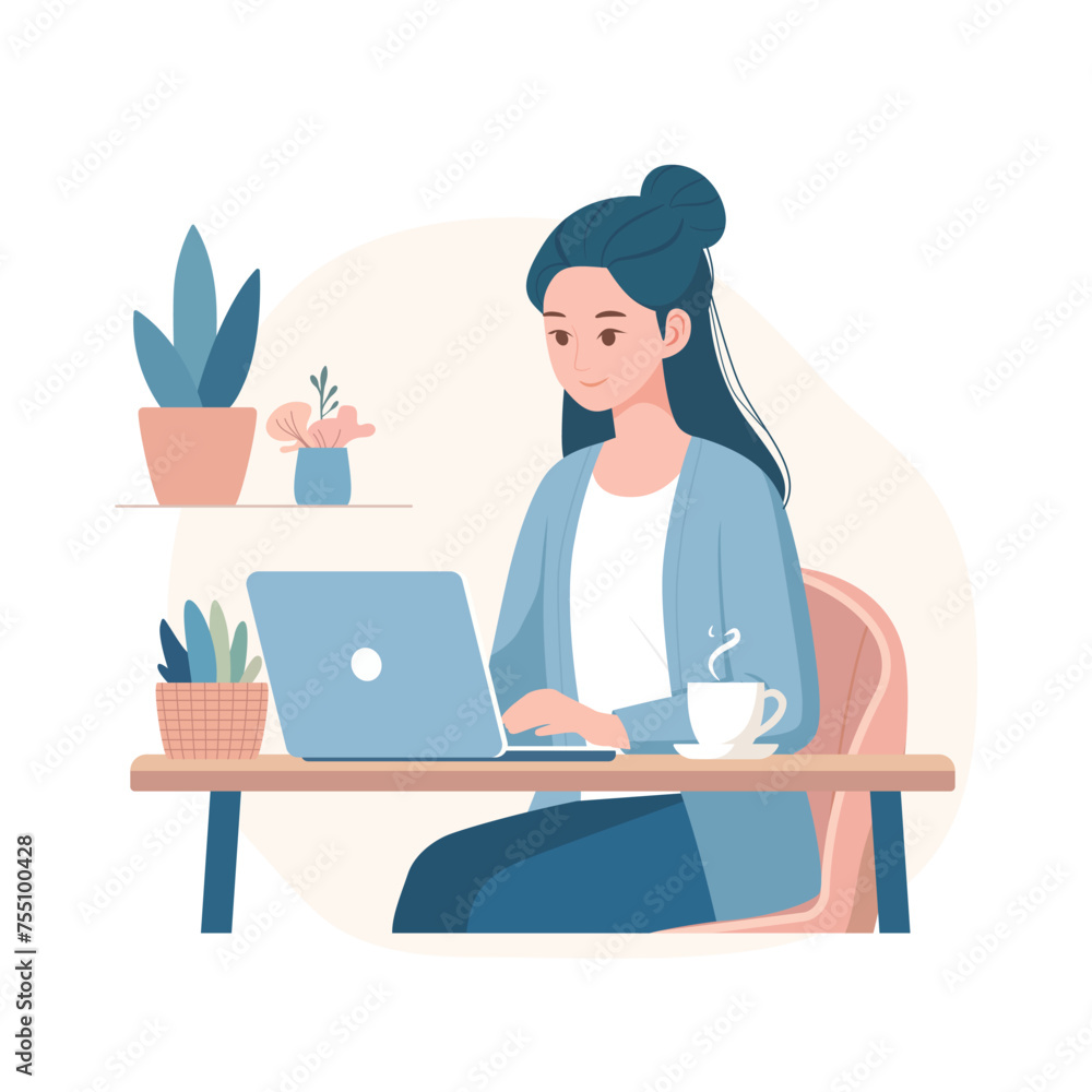 Working at home with laptop. office workplace. flat vector illustration Working at home with laptop. office workplace. flat vector illustration