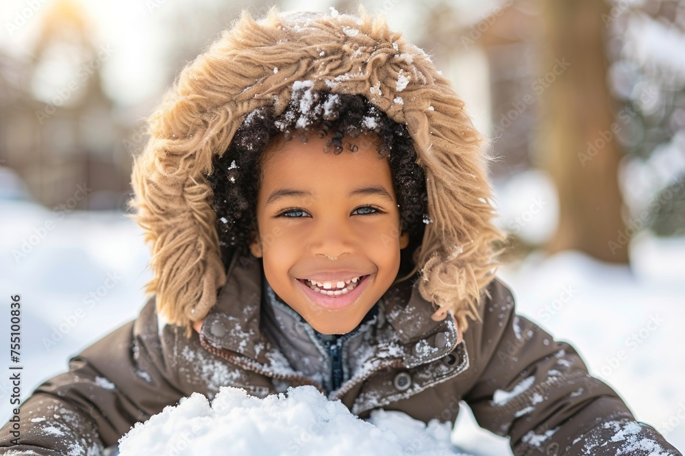 boy with coat lying in snow, smiling, children's day boy with coat lying in snow, smiling, children's day