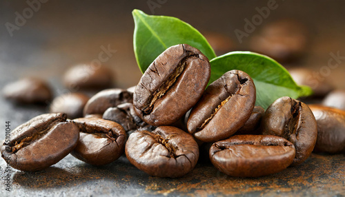 Close-up of roasted coffee beans. Aromatic caffeine seeds. © hardvicore