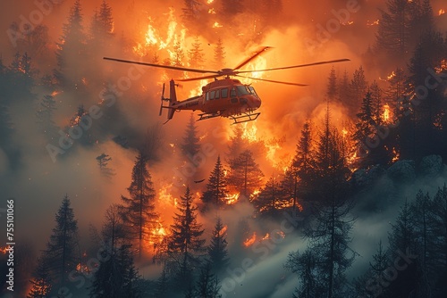 Firefighting helicopter takes out the fire in forest