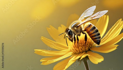 bee and flower close up of a large striped bee collecting pollen on a yellow flower on a sunny bright day banner on the left is an empty space for the text summer and spring backgrounds