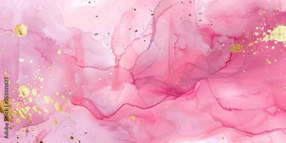 Fototapeta premium A painting predominantly pink with splashes of gold paint across its surface.