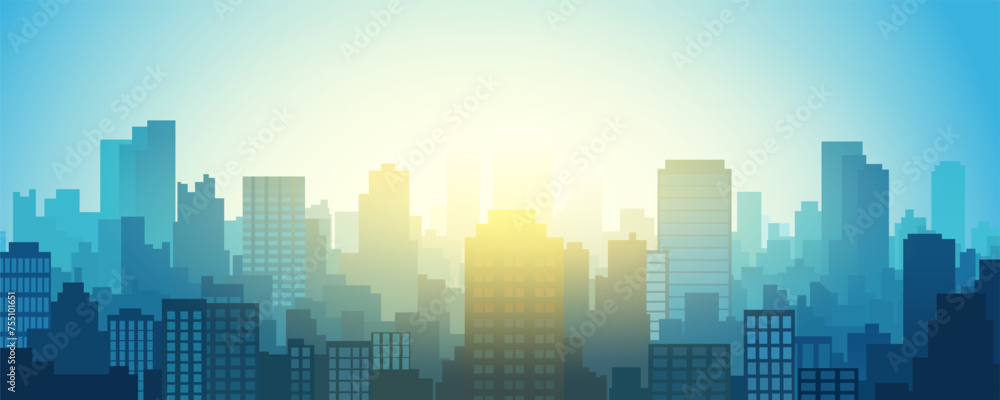 Sunset or sunrise over a modern city. Bright sunlight illuminates the silhouettes of buildings and skyscrapers of a larger metropolis. Vector illustration City landscape. Cityscape. Sunset or sunrise over a modern city. Bright sunlight illuminates the silhouettes of buildings and skyscrapers of a larger metropolis. Vector illustration City landscape. Cityscape.