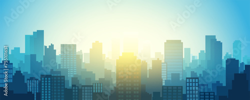 Sunset or sunrise over a modern city. Bright sunlight illuminates the silhouettes of buildings and skyscrapers of a larger metropolis. Vector illustration City landscape. Cityscape. photo