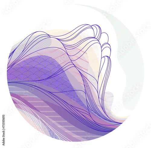 Nature art oriental Japanese style vector abstract background in a shape of circle, runny like water shapes and lines with textures.