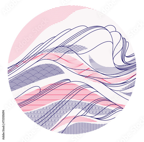 Abstract oriental Japanese art vector background in a shape of circle, traditional style design, wavy shapes and mountains terrain landscape, runny like sea lines.
