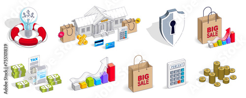 Different finance concepts illustrations 3D vector set isolated on white background, business and money conceptual designs collection, savings, bank, contract, income, safety, online.