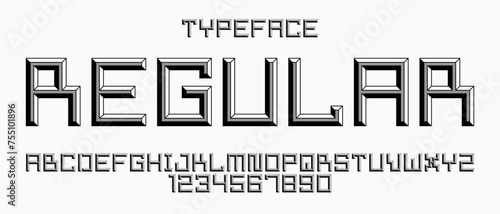 Minimal geometric cyberpunk font with facet effect, vector typeface in geometry volume style, future technology 3D urban beveled typography, alphabet letters and numbers.