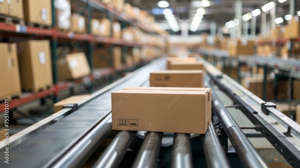 Cardboard box on conveyor belt in warehouse - Packaged cardboard box on a conveyor belt in warehouse, representing logistics, distribution and supply chain operations Cardboard box on conveyor belt in warehouse - Packaged cardboard box on a conveyor belt in warehouse, representing logistics, distribution and supply chain operations