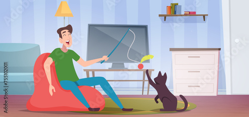 Domestic animals. Pet owners walking and playing with animals exact vector cartoon background
