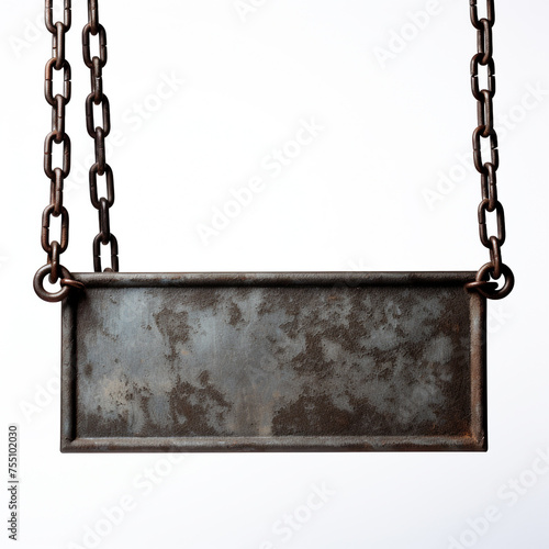 iron rectangular sign hanging on chains white background, professional photo сreated with Generative Ai