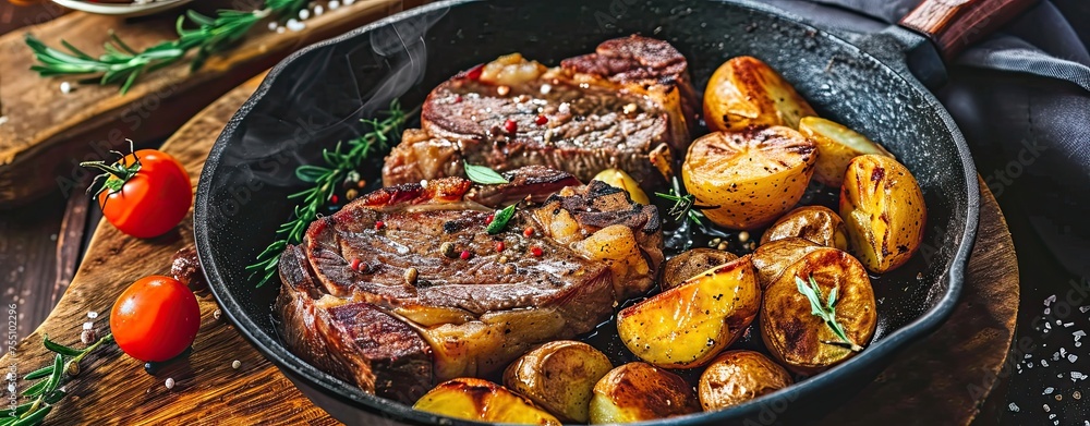 Top view of a frying pan with roasted steak and potatoes Top view of a frying pan with roasted steak and potatoes