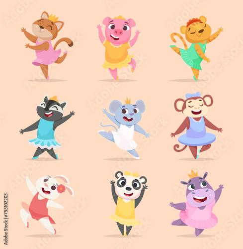 Fototapeta Naklejka Na Ścianę i Meble -  Ballet animals. Cute dancers in ballerina dresses exact vector funny animals in action poses