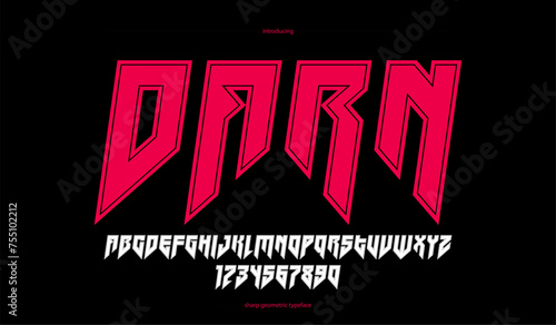 Sharp and bold gothic font for logo creation of for headlines, edgy geometric modern vector italic typeface, heavy metal and hard rock style alphabet with numbers.