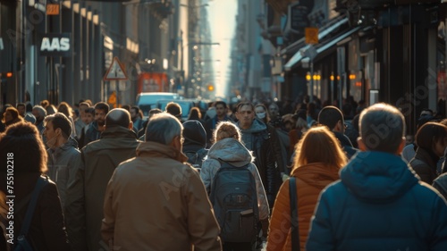 Crowd of people on busy city street - A bustling city street scene with diverse individuals going about their daily life