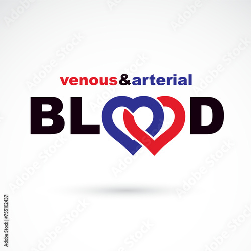 Arterial and venous blood, blood circulation conceptual vector illustration. Cardiology medical care vector emblem for use in pharmacy.