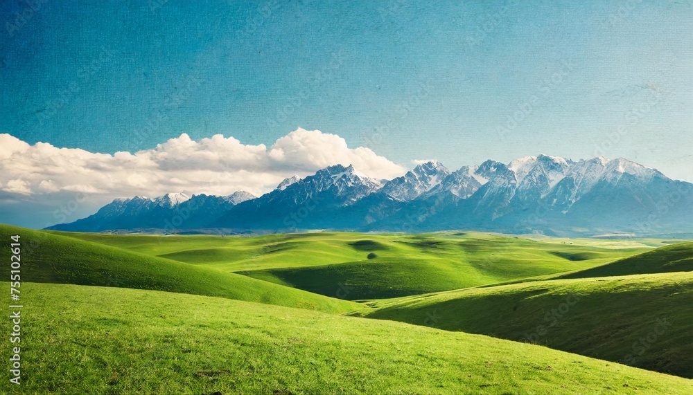 green pasture and distant mountains under blue sky torn textured paper landscape illustration