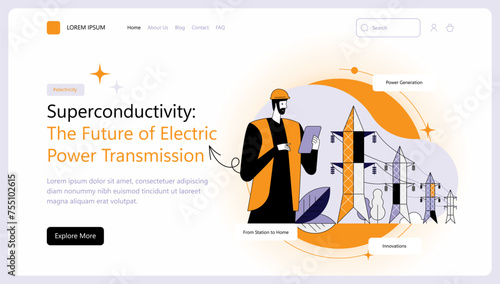 An engineer observes the operation of power plant and virtual data Electricity transmission towers Solar and wind clean energy Vector illustration for websites landing pages mobile posters and banners