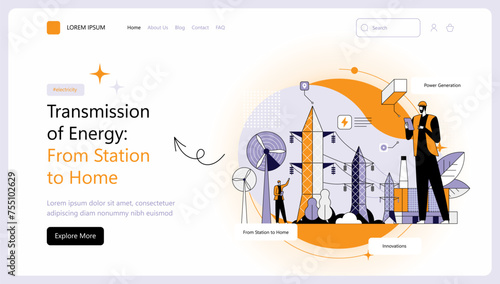 An engineer observes the operation of power plant and virtual data Electricity transmission towers Solar and wind clean energy Vector illustration for websites landing pages mobile posters and banners