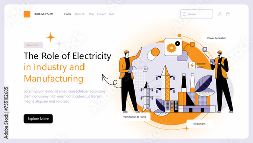 An engineer observes the operation of power plant and virtual data Electricity transmission towers Solar and wind clean energy Vector illustration for websites landing pages mobile posters and banners