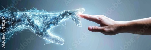 Human hand reaches towards digital dog - A conceptual representation of human interaction with digital advancements, depicting a human hand reaching out towards a polygonal digital dog made of stars a