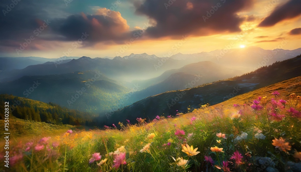 sky sunset and green hill mountains with beautiful flowers meadow are wonderful places