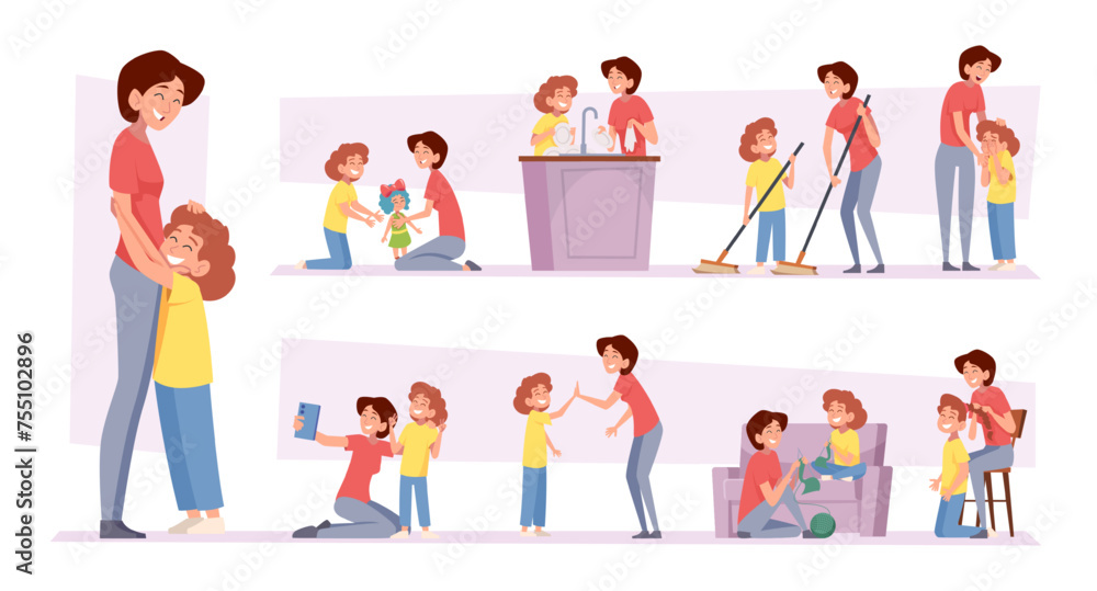 Happy mom. Family love and unity mother and daughter exact vector girls friendship concept pictures in cartoon style Happy mom. Family love and unity mother and daughter exact vector girls friendship concept pictures in cartoon style