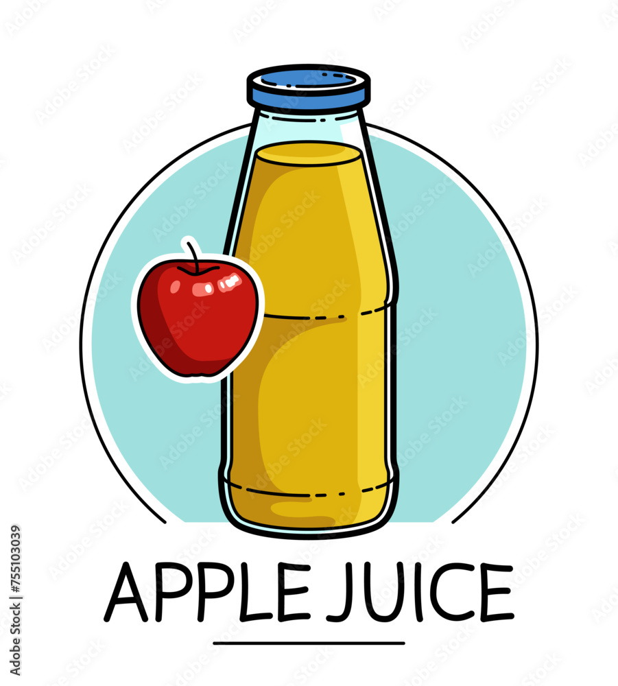 Apple juice in a glass bottle isolated on white background vector illustration, cartoon style logo or badge for pure fresh juice, diet food beverage delicious and healthy. Apple juice in a glass bottle isolated on white background vector illustration, cartoon style logo or badge for pure fresh juice, diet food beverage delicious and healthy.