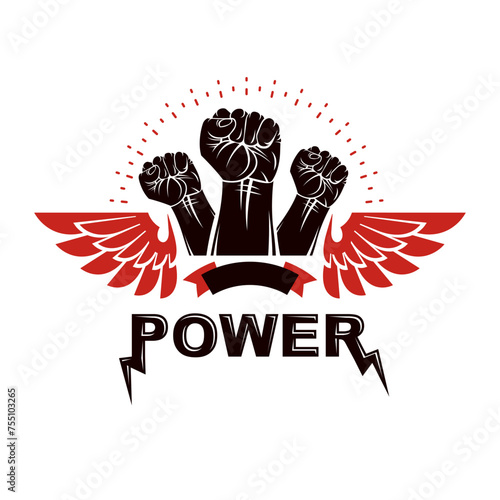 Winged clenched fists of angry people vector emblem. People demonstration, fighting for their rights and freedom.