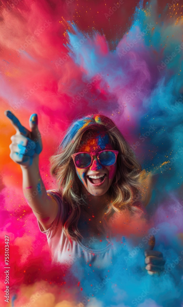 A joyful woman covered in vibrant Holi powder colors making a playful gesture