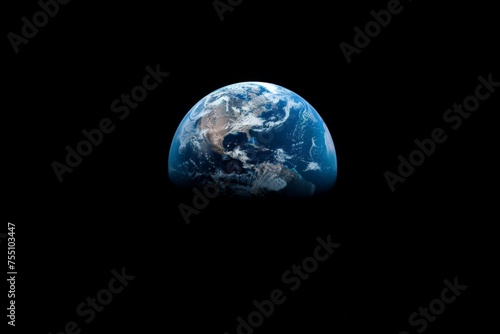 View of planet Earth as seen from space, showcasing its vibrant colors and swirling clouds against a stark black background. © pham