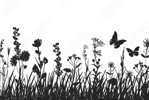 Black silhouettes of grass, flowers and herbs isolated on white background. Hand drawn sketch flowers and insects. © Mayava