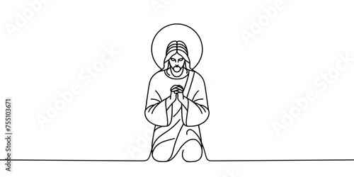 Vector image of Jesus Christ praying, in linear style. One line.
