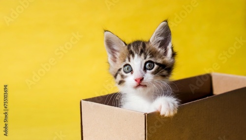 funny kitten in a cardboard box isolated on a colored yellow background with a place for text cute kitten cat looks out with paws from a food delivery box a cat joke in a gift box
