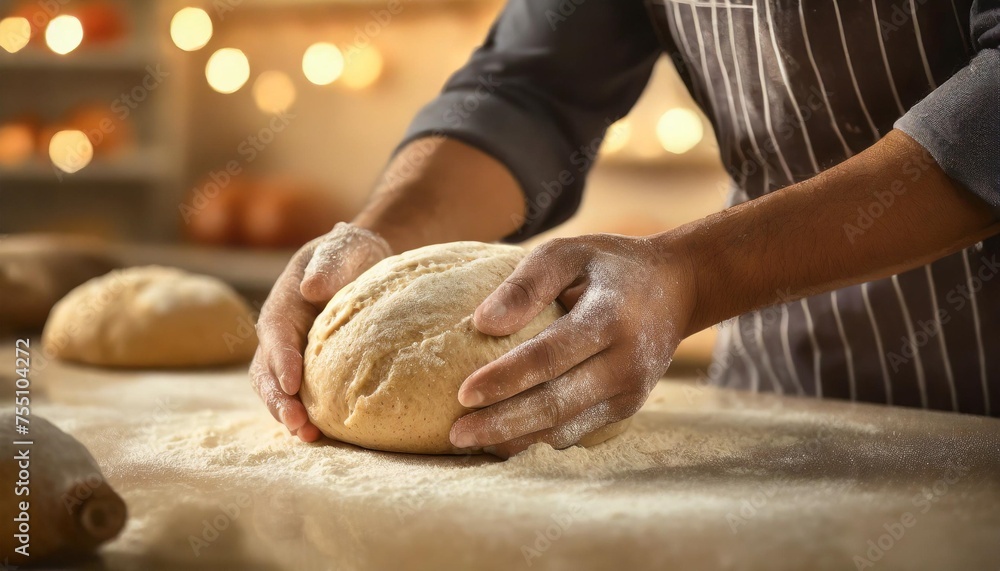 close up of a male bakery chef kneading dough to make delicious bread lifestyle concept suitable for meals and breakfast