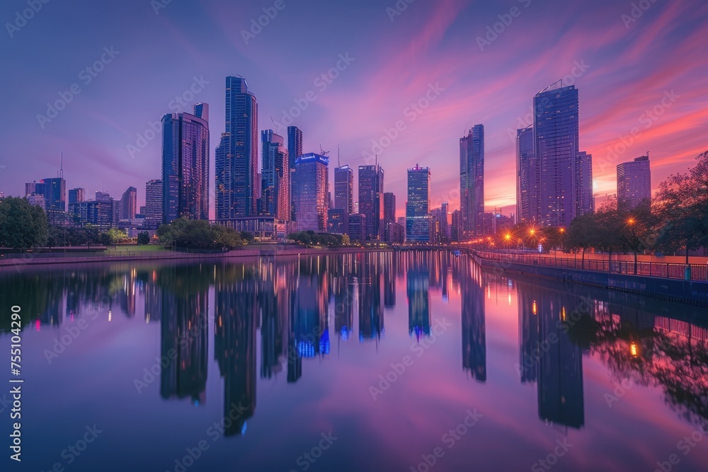 Fototapeta premium vibrant city skyline at dusk with skyscrapers reflected in the rippling bay water