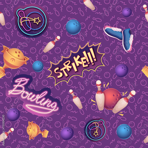Bowling pattern skittles trophy cup and colored balls vector seamless background
