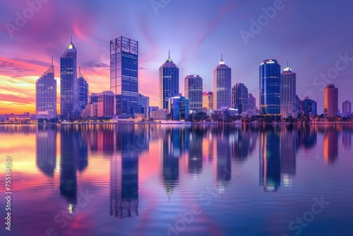 vibrant city skyline at dusk with skyscrapers reflected in the rippling bay water