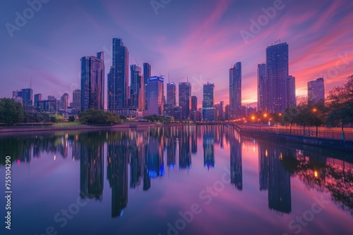 vibrant city skyline at dusk with skyscrapers reflected in the rippling bay water