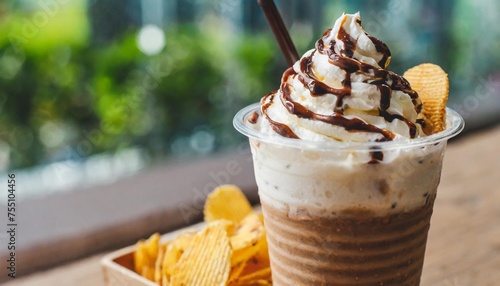 closeup of takeaway plastic cup of coffee mocca frappe with whipped cream and chocolate sauce and chips with copy space using for cover page photo