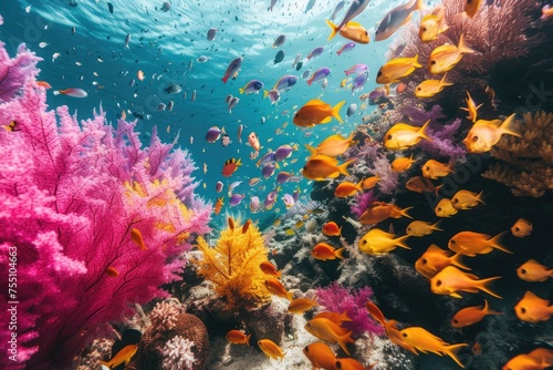 vibrant coral reef teeming with colorful shoals of fish.
