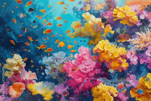 vibrant coral reef teeming with colorful shoals of fish. © SaroStock