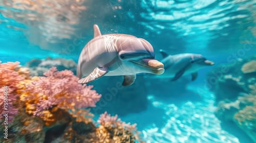 a couple of dolphins swimming next to each other in a large body of water with corals on the bottom and bottom of the water. photo