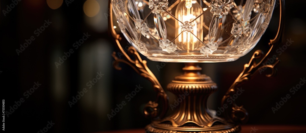 A vintage crystal lamp radiates light from the top of a wooden table, providing illumination to the surrounding area. The intricate design of the lamp enhances the elegance of the setting.