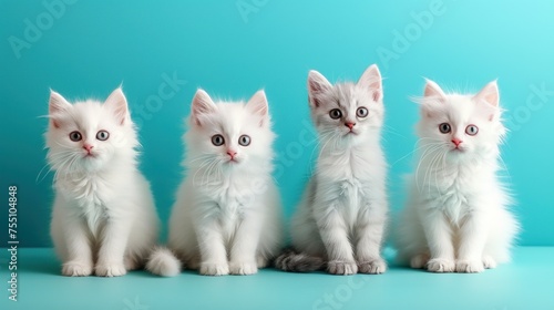 a group of three white kittens sitting next to each other on a blue and green background with one staring at the camera. photo