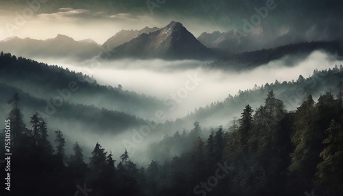 amazing mountain forest in the fog concept of travel