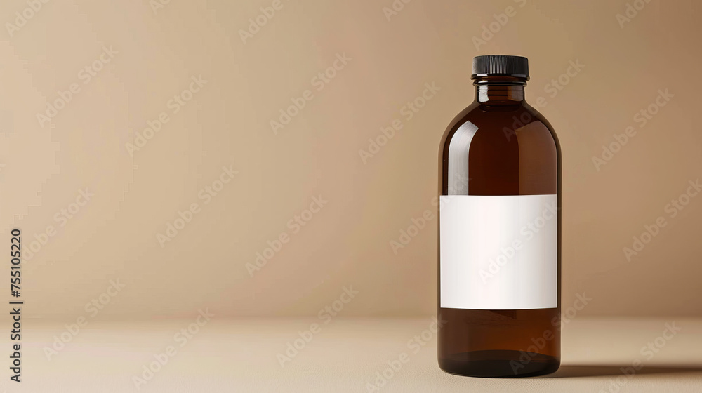 A brown glass bottle with blank white label facing front on a solid beige background suitable for adding texts or logos A brown glass bottle with blank white label facing front on a solid beige background suitable for adding texts or logos