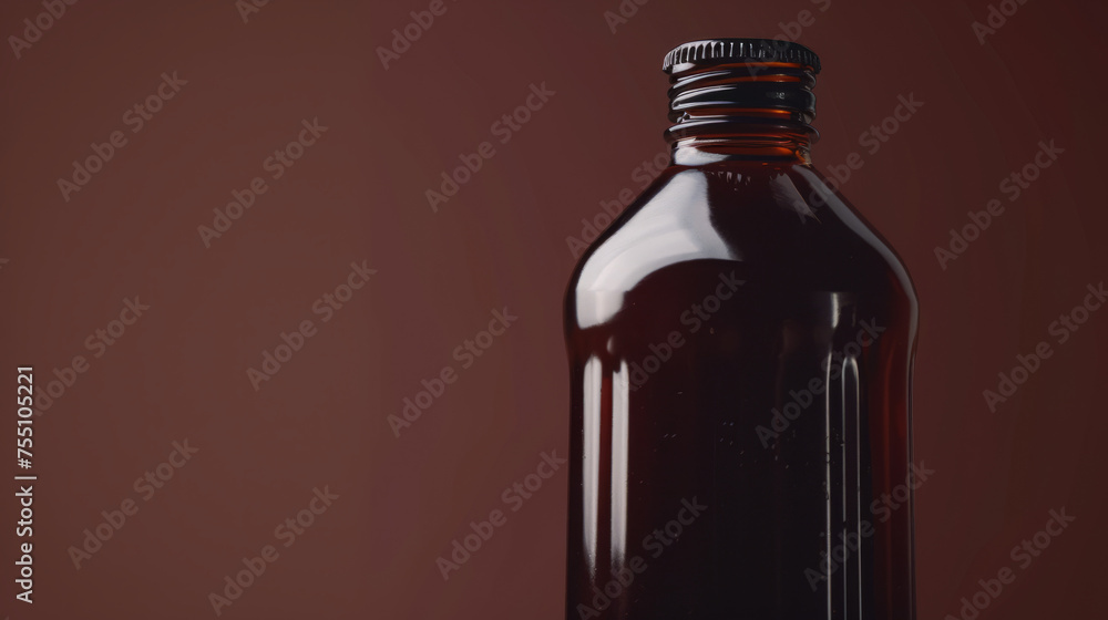 Close-up of a dark amber glass bottle with a metallic cap showcasing fine details and texture on a dark background Close-up of a dark amber glass bottle with a metallic cap showcasing fine details and texture on a dark background